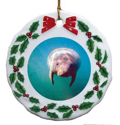 Manatee Porcelain Holly Wreath Christmas Ornament