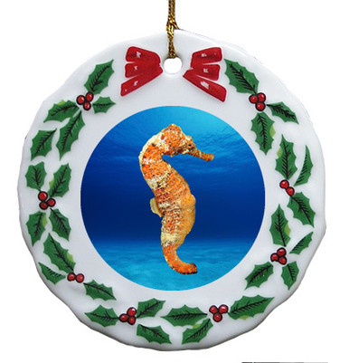 Seahorse Porcelain Holly Wreath Christmas Ornament