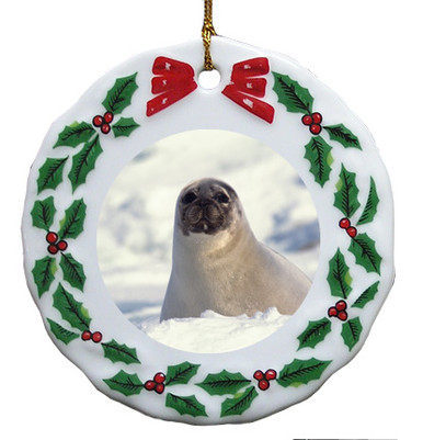 Seal Porcelain Holly Wreath Christmas Ornament