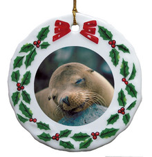 Sea Lion Porcelain Holly Wreath Christmas Ornament