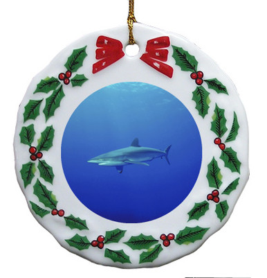 Shark Porcelain Holly Wreath Christmas Ornament