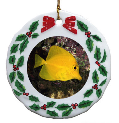 Yellow Tang Porcelain Holly Wreath Christmas Ornament
