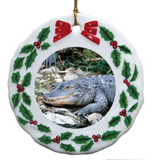 Alligator Porcelain Holly Wreath Christmas Ornament