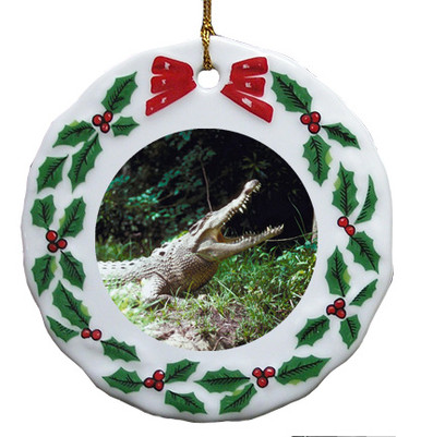 Crocodile Porcelain Holly Wreath Christmas Ornament