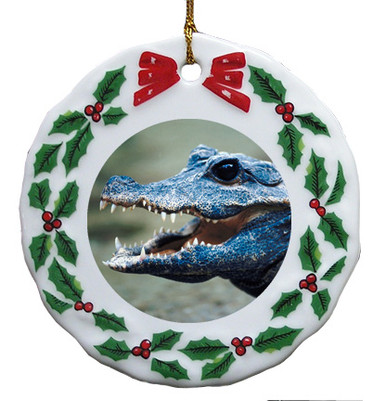 Crocodile Porcelain Holly Wreath Christmas Ornament