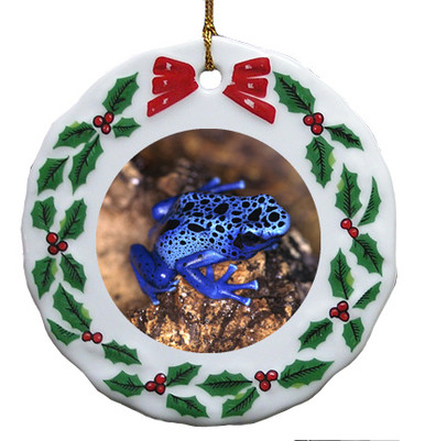 Blue Frog Porcelain Holly Wreath Christmas Ornament