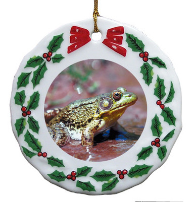 Green Frog Porcelain Holly Wreath Christmas Ornament