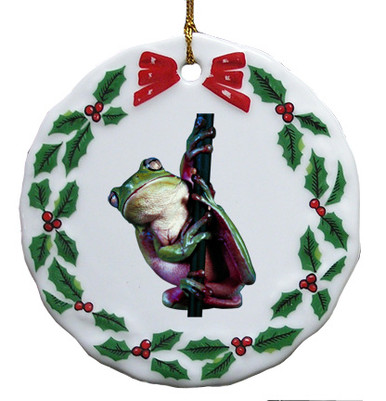 Tree Frog Porcelain Holly Wreath Christmas Ornament
