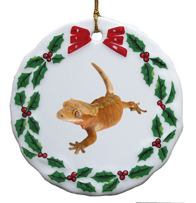 Gecko Porcelain Holly Wreath Christmas Ornament