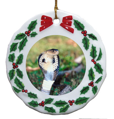 Cobra Snake Porcelain Holly Wreath Christmas Ornament