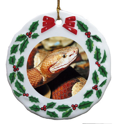 Copperhead Snake Porcelain Holly Wreath Christmas Ornament