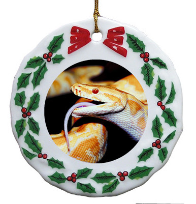 Python Snake Porcelain Holly Wreath Christmas Ornament