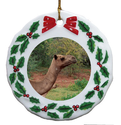 Camel Porcelain Holly Wreath Christmas Ornament