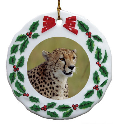 Cheetah Porcelain Holly Wreath Christmas Ornament