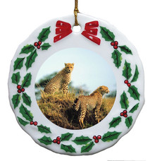 Cheetah Porcelain Holly Wreath Christmas Ornament