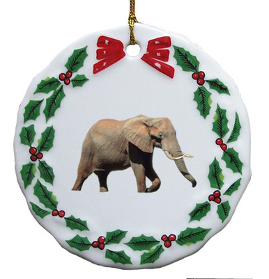Elephant Porcelain Holly Wreath Christmas Ornament