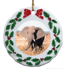 Elephant Porcelain Holly Wreath Christmas Ornament