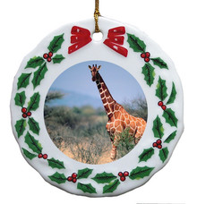 Giraffe Porcelain Holly Wreath Christmas Ornament