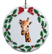 Giraffe Porcelain Holly Wreath Christmas Ornament