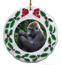 Gorilla Porcelain Holly Wreath Christmas Ornament