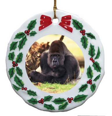 Gorilla Porcelain Holly Wreath Christmas Ornament