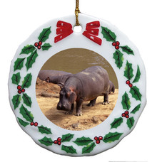 Hippo Porcelain Holly Wreath Christmas Ornament