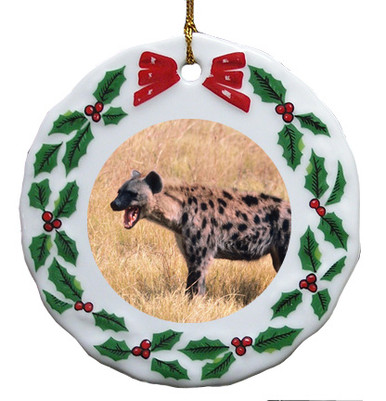 Hyena Porcelain Holly Wreath Christmas Ornament