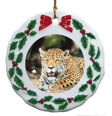 Jaguar Porcelain Holly Wreath Christmas Ornament