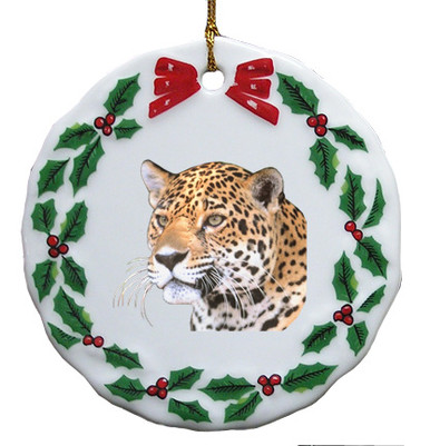 Jaguar Porcelain Holly Wreath Christmas Ornament