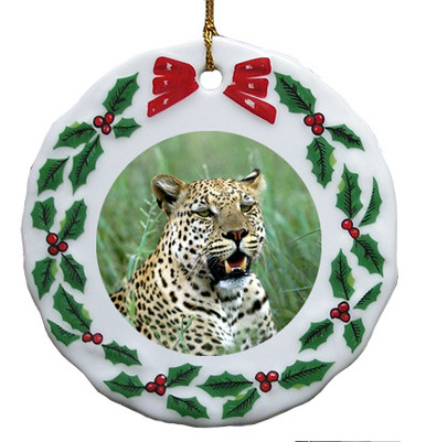 Leopard Porcelain Holly Wreath Christmas Ornament