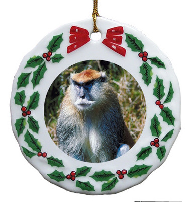 Monkey Porcelain Holly Wreath Christmas Ornament