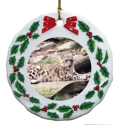 Snow Leopard Porcelain Holly Wreath Christmas Ornament