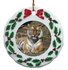 Tiger Porcelain Holly Wreath Christmas Ornament