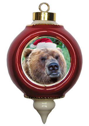 Bear Ceramic Victorian Red and Gold Christmas Ornament