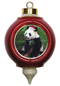 Panda Bear Ceramic Victorian Red and Gold Christmas Ornament
