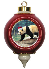 Panda Bear Ceramic Victorian Red and Gold Christmas Ornament