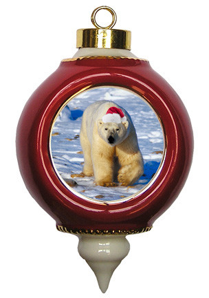 Polar Bear Ceramic Victorian Red and Gold Christmas Ornament