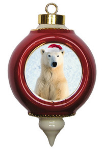 Polar Bear Ceramic Victorian Red and Gold Christmas Ornament