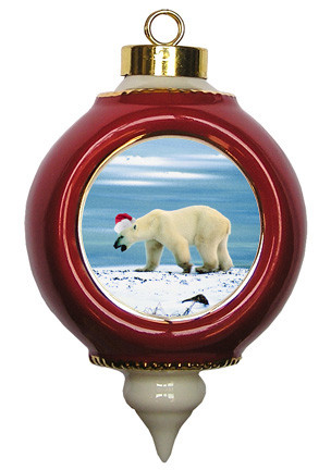 Polar Bear Ceramic Victorian Red and Gold Christmas Ornament