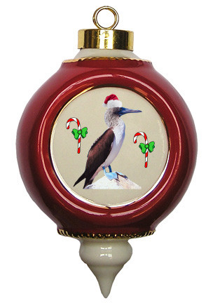 Blue Footed Booby Victorian Red and Gold Christmas Ornament