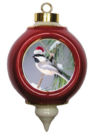 Chickadee Victorian Red and Gold Christmas Ornament