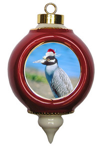 Yellow Crowned Heron Victorian Red and Gold Christmas Ornament