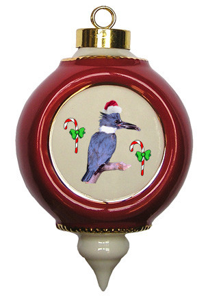 Belted Kingfisher Victorian Red and Gold Christmas Ornament
