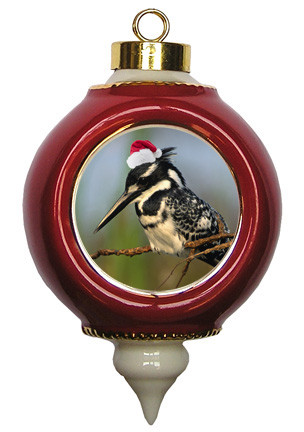 Pied Kingfisher Victorian Red and Gold Christmas Ornament