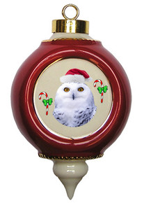 White Owl Victorian Red and Gold Christmas Ornament