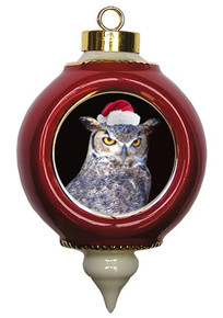 Great Horned Owl Victorian Red and Gold Christmas Ornament