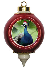 Peacock Victorian Red and Gold Christmas Ornament