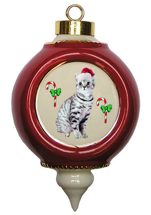 American Shorthair Cat Victorian Red & Gold Christmas Ornament