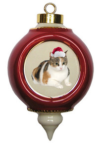 Calico Cat Victorian Red & Gold Christmas Ornament