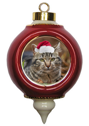 Tabby Cat Victorian Red & Gold Christmas Ornament